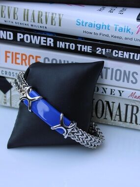 Men's Blue Stainless Steel Link Bracelet with Enamel Accent